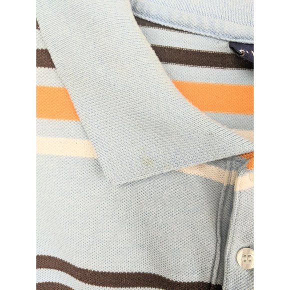Vtg 1990s Bugle Boy Mens Blue Orange Brown White Striped Polo Henley Shirt Large - Picture 6 of 7